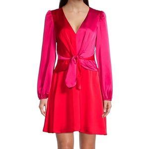 Milly Stella Dress Size 10 Pink Red Colorblock Long Sleeve Bow Tie